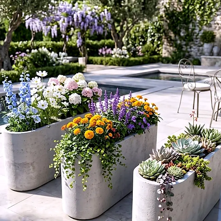 Bahçede modern beton görünümlü saksılar